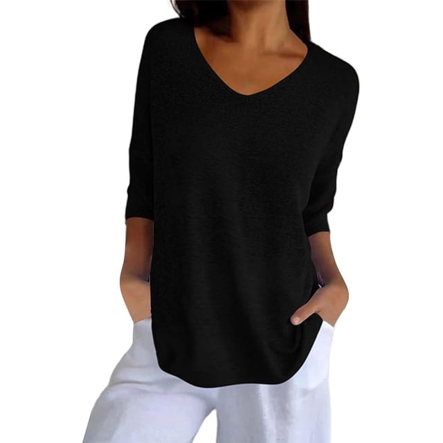 Solid Color Knitted V-Neck Top, V Neck Loose Pullover Knit Sweaters Tops, Plus Size Tshirts for Women