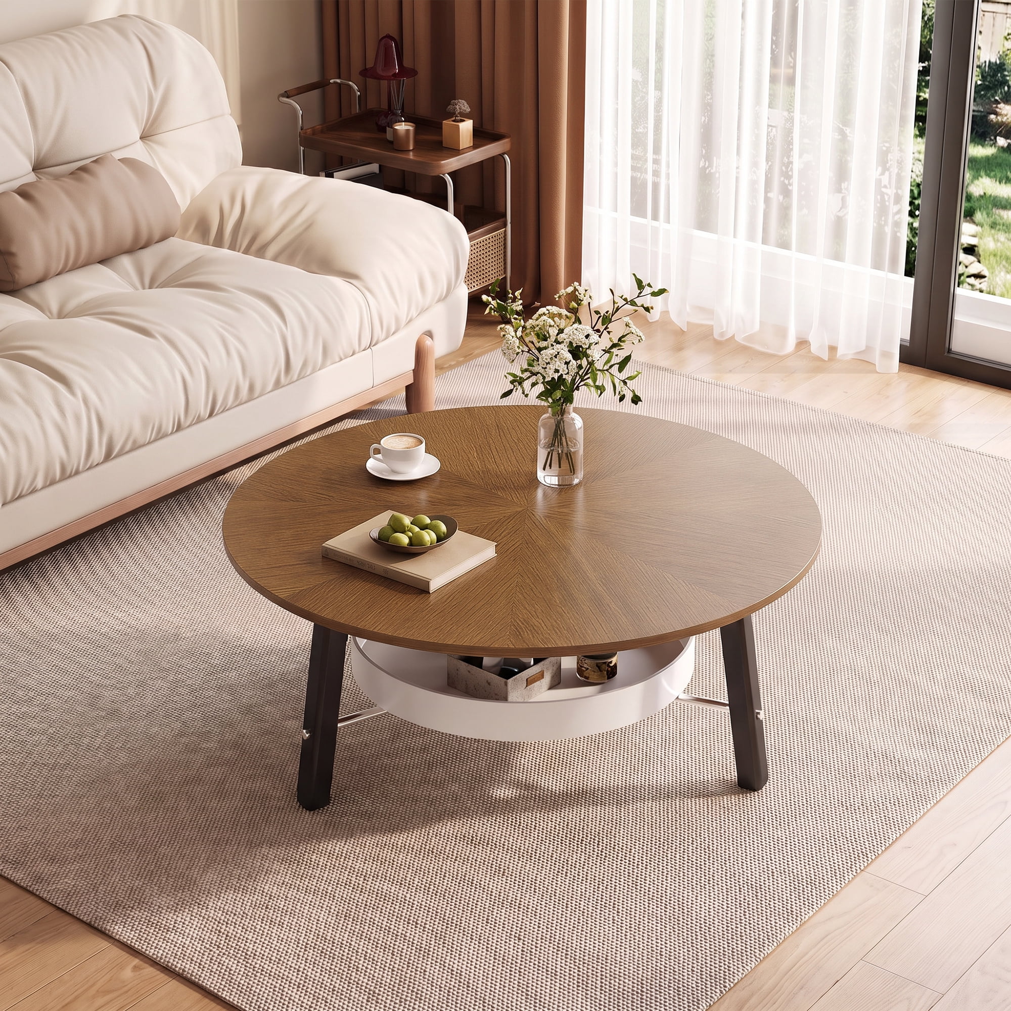 35.43" Round Coffee Table with Storage Shelf, Walnut Wood Grain Finish with Black Wood Legs, Modern Minimalist Center Table for Living Room, Farmhouse Accent Furniture for Small Spaces, Easy Assembly