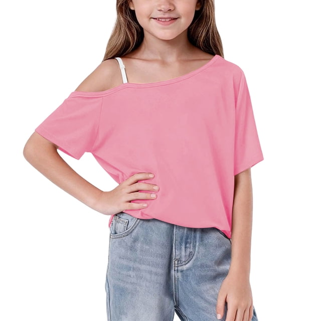 Blusas para Niñas sin Hombros, Camiseta de Manga Corta para Niñas Casual Corte Holgado de Color Sólido de un Hombro Camisetas de Verano Rosas 11 Años