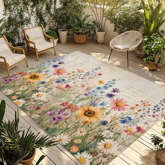 Fsddascl Vintage Spring Floral Outdoor Rug for Patio/Deck/Porch, Non-Slip Large Area Rug 5 x 8 Ft, Summer Botanical Watercolor Flowers Indoor Outdoor Rugs Washable Area Rugs, Camping Rug Carpet