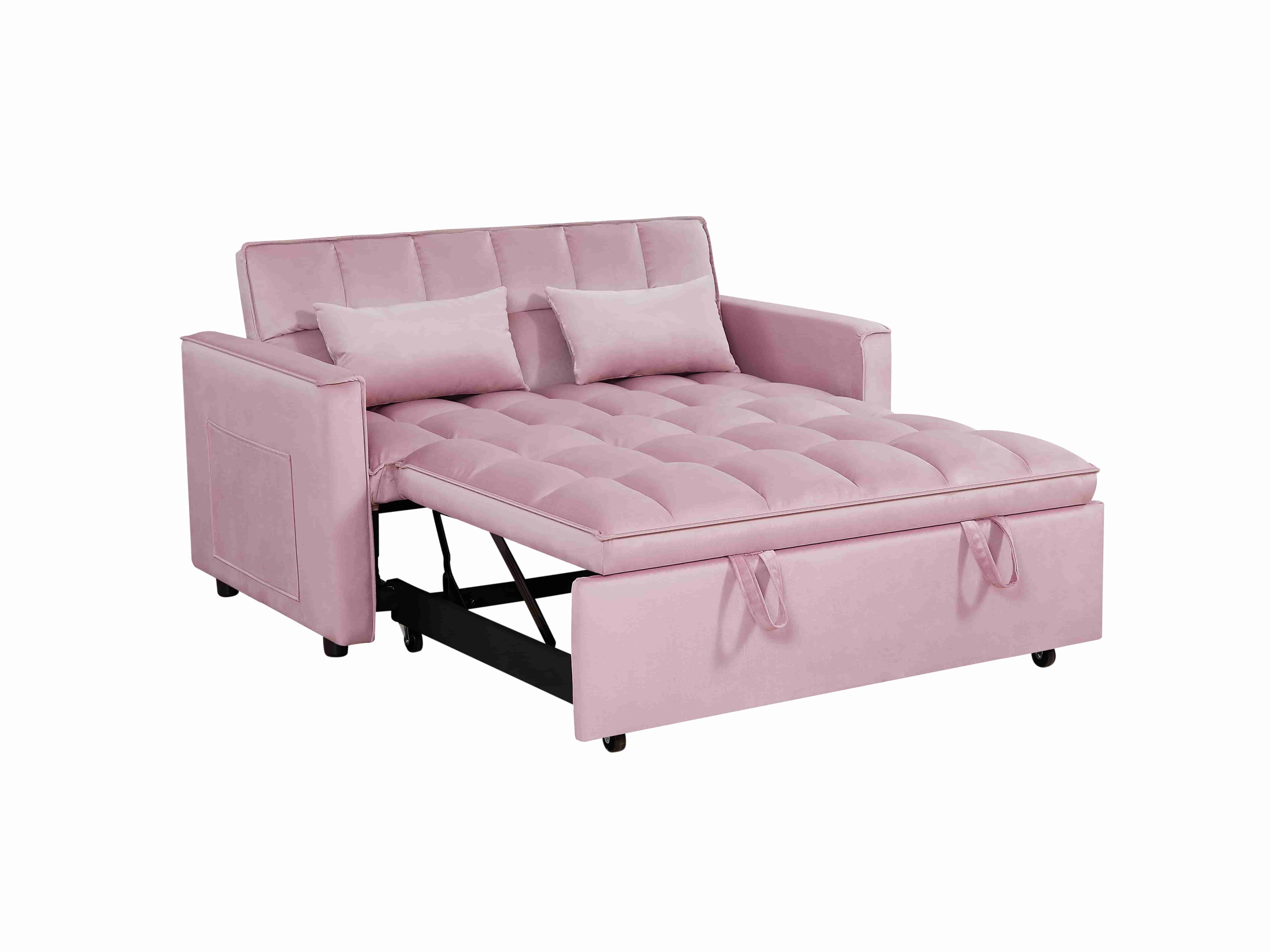 BSHTI 54-inch Pull-out Sleeper Sofa Bed, Velvet Upholstery, Solid Wood Frame, 3-Angle Adjustable Backrest, Storage Side Pocket, Twin-Size Bed, Pink
