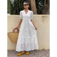thumbnail image 3 of Ivory White Hollow Out Embroidery Tiered Puff Sleeve Maxi Dress, 3 of 17