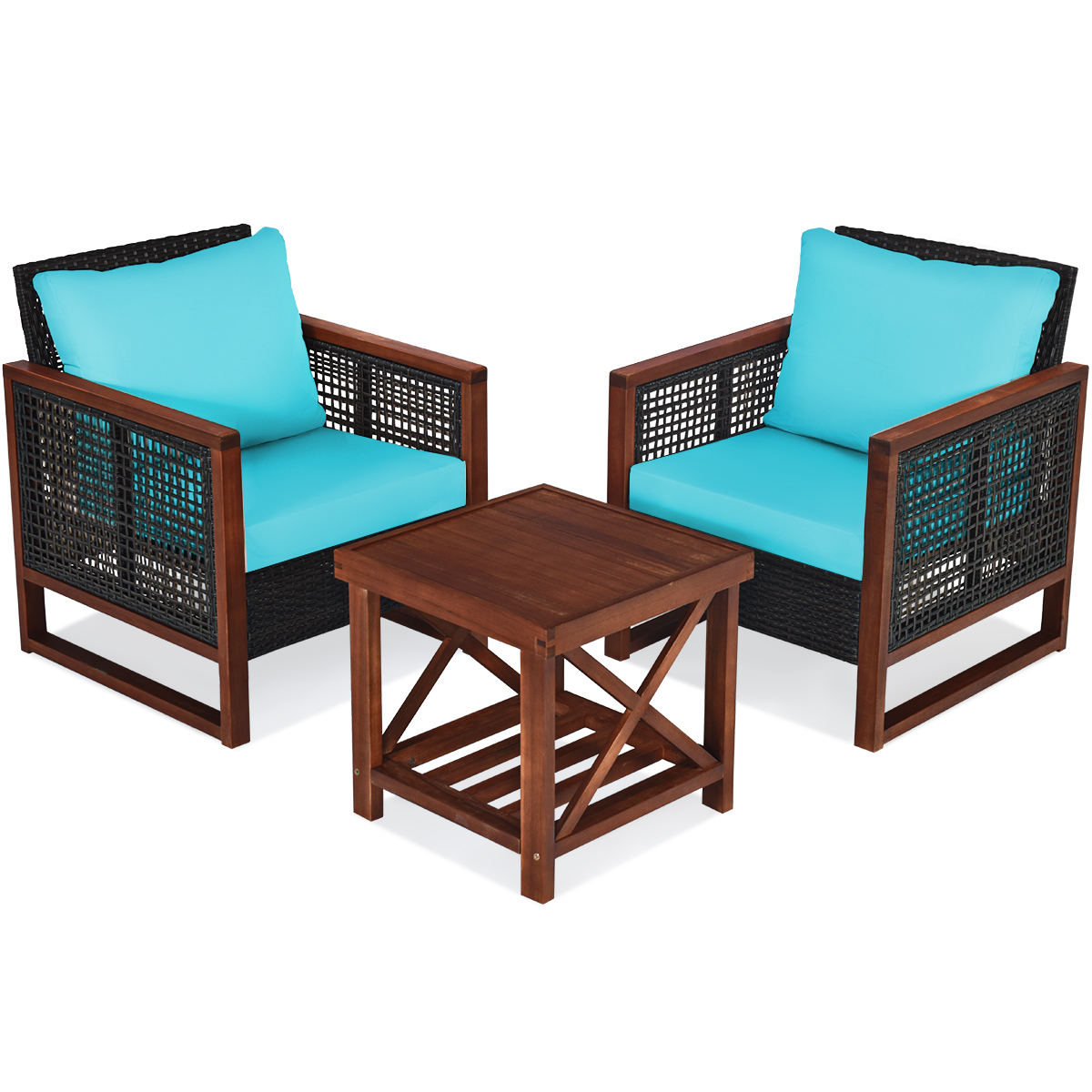 Patiojoy 3PCS Patio Rattan Bistro Set Acacia Wood Frame Sofa and Side Table Turquoise Cushions - image 5 of 6