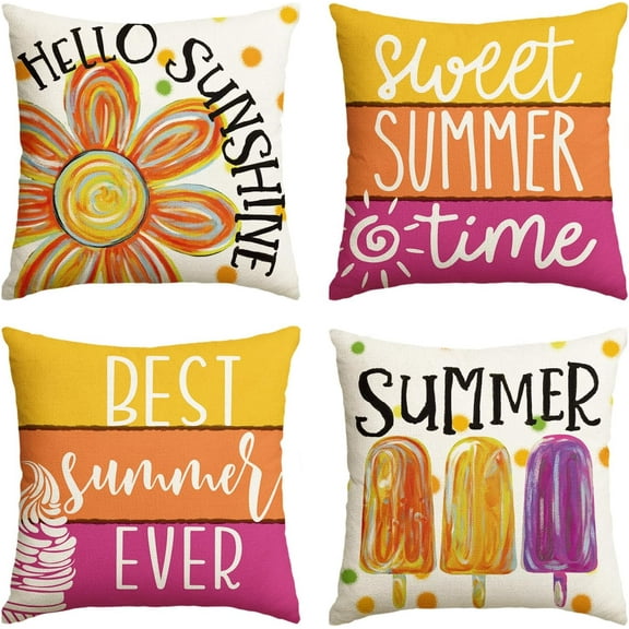 Hello Sunshine Floral Sweet Summer Time Throw Pillow Covers, 18 x 18 Inch Popsicle Ice Cream Polka Dots Stripes Best Summer Ever Holiday Seasonal Cushion Case Decorations Set of 4