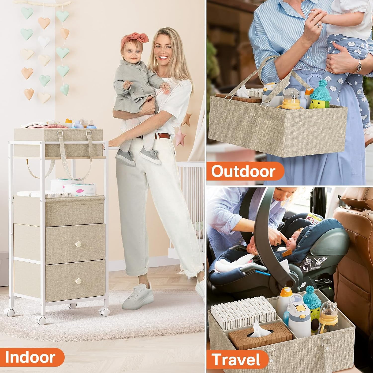 Baby Diaper Caddy Organizer Cart with Drawers - 3In1 Rolling Storage Cart with Wheels, Removable Diaper Caddy, Detachable Dividers - for Crib, Bedroom, Art & Craft Organizer (Off White)