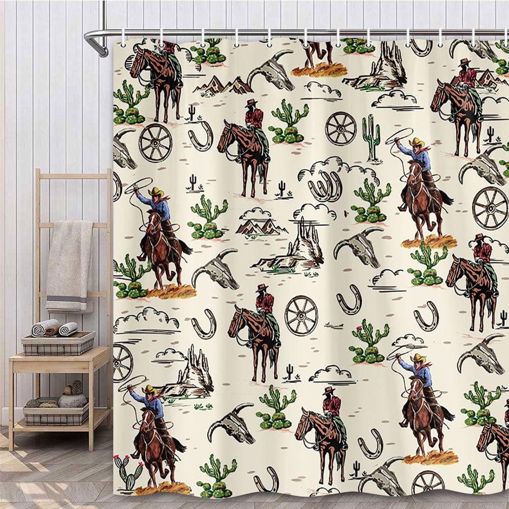 Rustic Western Shower Curtain, Farmhouse Wild West Rural Cowboy Horses