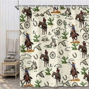 Rustic Western Shower Curtain, Farmhouse Wild West Rural Cowboy Horses Horseshoe Longhorn in Grunge Southwestern Shower Curtain with 12 Hooks, Waterproof Vintage Cactus Cabin Shower Curtain, 72X72in