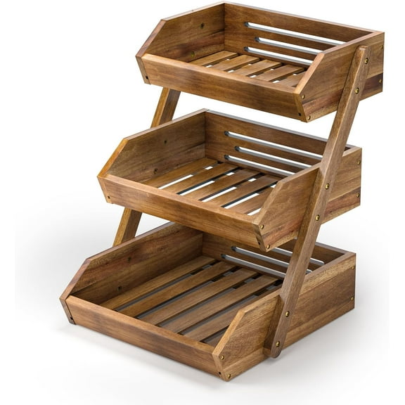 Fruit Basket: 3-Tier Acacia Wood Fruit Bowl for Kitchen, Fruit Stand Storage Holder for Vegetables and Snack Home Kitchen Countertop Organizer (Self-assembly)