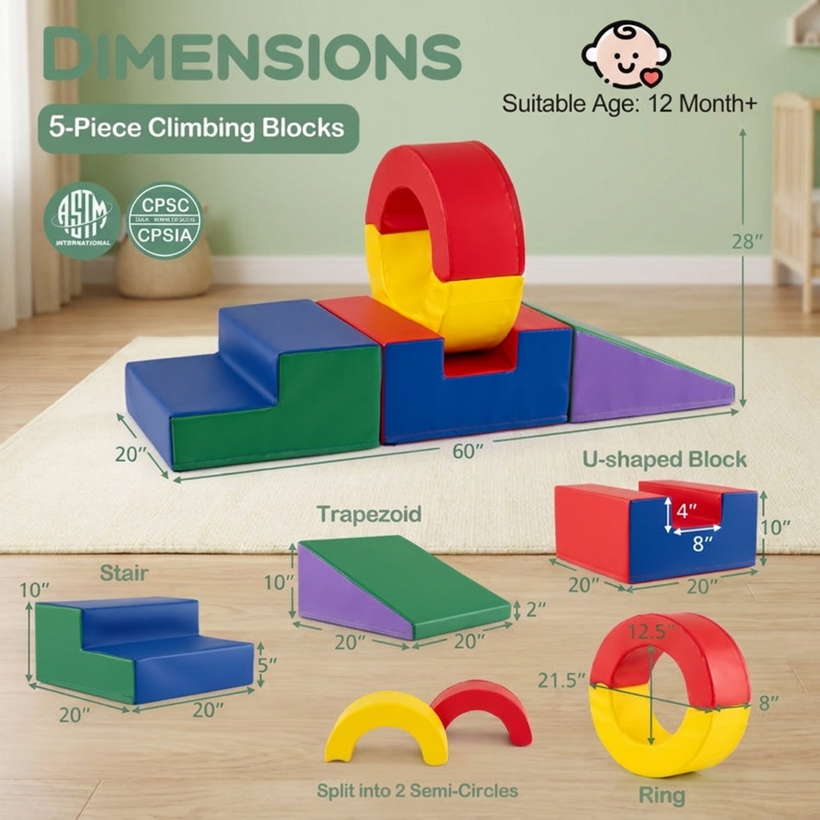 Redsmile Foam Climbing Toys for Kids, 5-Piece Soft Climb Set with Stairs and Slide, Large Indoor Toddler Climbing Gym, Multicolor