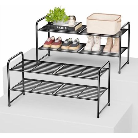 2 Pack 2-Tier 33 Wide Shoe Rack Shoe Shelf Storage Organizer for Entryway Extra Large Capacity Bedroom Footwear Organizer Wire Grid Black