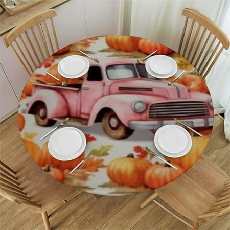 

Pumpkin Fall Car Thanksgiving Round Tablecloth with Elastic Edge Fitted Table Cover Fitted Tablecloth for Coffee Table Buffet Dinner Banquet
