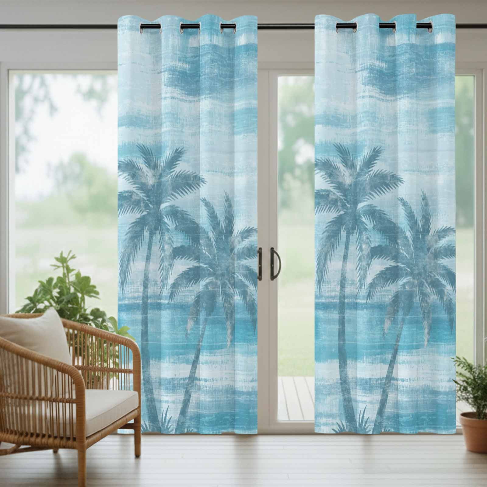 Summer Beach Palm Tree Outdoor Curtains for Patio, Coastal Nautical Tropical Ocean Blue Trees Leaf Sunshade Privacy Drapes Grommet Waterproof Outside Curtains for Porch Balcony 54"x108", 1 Panel