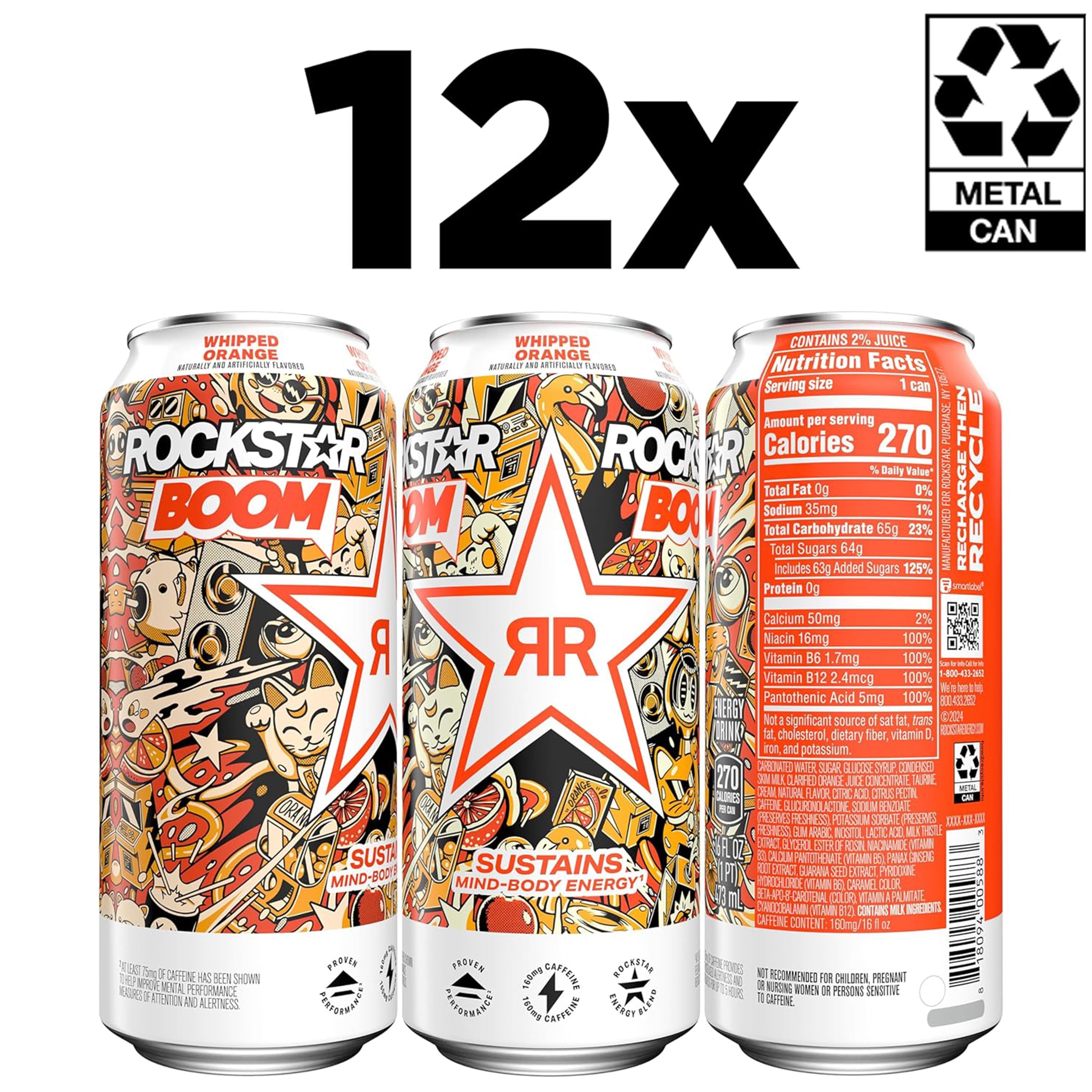 Rockstar Boom Whipped Orange Energy Drink, 16 fl oz, 12 Pack Cans