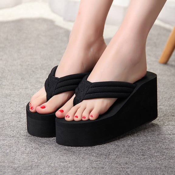 Women's Ultra High Wedge Flip Flops Non-slip Thick-Sole Platform Summer Beach Footwear Black 35