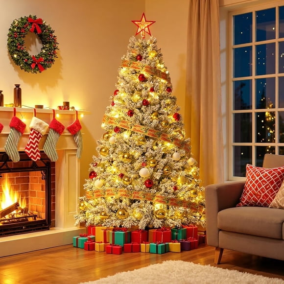 Bingirl 9FT Pre - Lit Snow Flocked Artificial Full Christmas Tree with 900 Warm Lights and Foldable Stand - Green and White