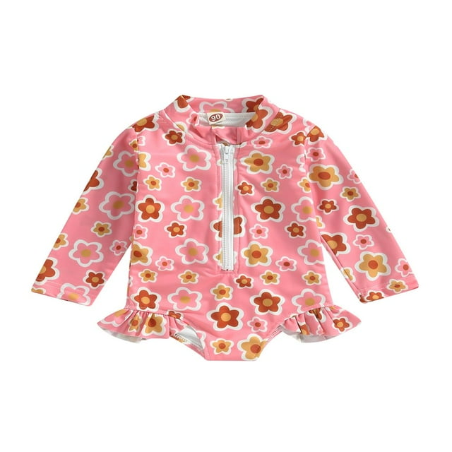 QJUHUNG Kid Baby Girls One Piece Swimsuit Long Sleeve Zipper Swimwear Ruffle Rashguard Bathing Suits Beachwear