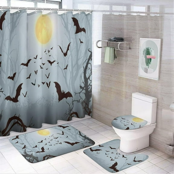 Camo Abstract Bats Silhouette 4 Piece Shower Curtain set,Scary Halloween Night Gothic Bats Non-Slip Rugs,Toilet Lid Cover and Bath Mat,Durable and Waterproof,for Bathroom Decor Set
