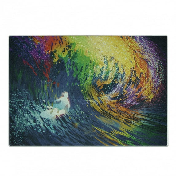 Modern Cutting Board, Exotic Surfer in the Ocean Waves Digital Featured Effects Sports Hobby Graphic, Decorative Tempered Glass Cutting and Serving Board, Small Size, Multicolor, by Ambesonne