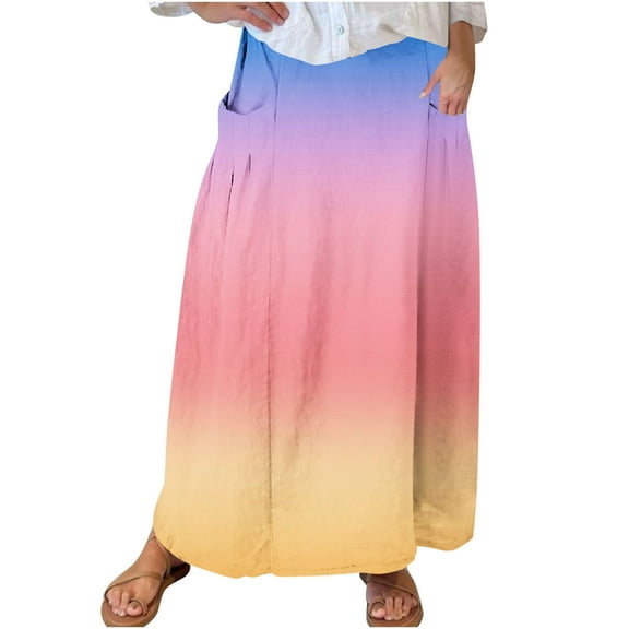 Women High Waisted Elastic Skirts Gradient Maxi Skirts A-Line Casual Skirt 2024 Trendy