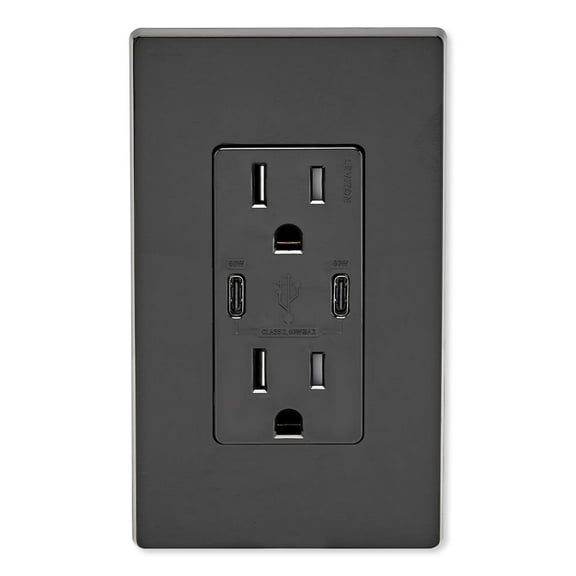 Leviton T5636-E USB Dual Type-C Charger Tamper-Resistant Duplex Receptacle, 15A, Black