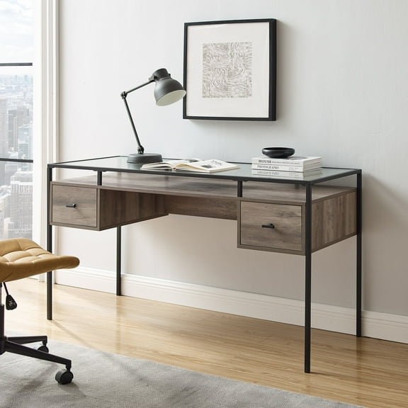 Walker Edison Carlisle Grey Wash 2-Drawer Glass Top Writing Desk