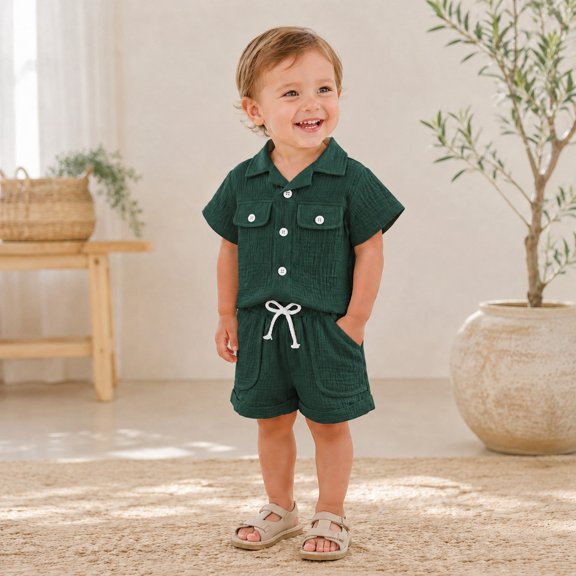 Glisme Boys Clothes Round Neck Short Sleeve Outfits Cartoon Pattern Tops Shorts Adorable Toddler Playsuit Green