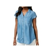 STYLE & COMPANY Womens Blue Cuffed V Neck Button Up Top Petites Size: PM