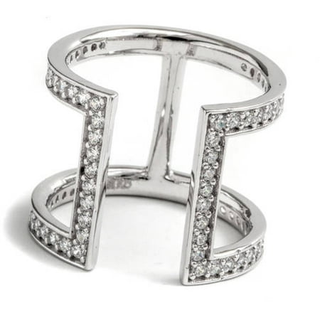 Pori Jewelers CZ 18kt White Gold-Plated Sterling Silver Wide Bar Cuff Adjustable Ring