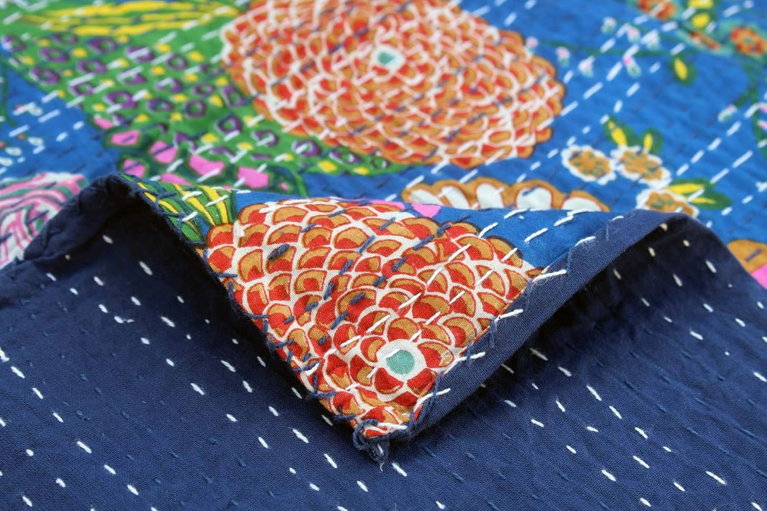 Indian Handmade Floral Print Kantha Quilt, Bedspread , Blanket Size ( King 108" x 108" )