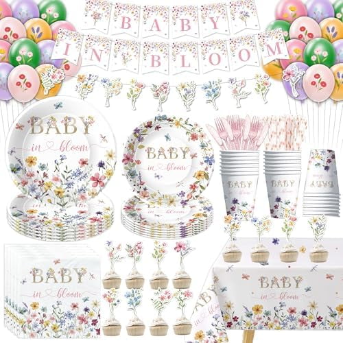Floral Baby Shower Decorations for Girl, Wild Flower Baby in Bloom Party Supplies, Paper Plate, Cup, Napkin, Tablecloth, Balloon, Cutlery, Garland Banner, Cupcake Toppers, Serves 24