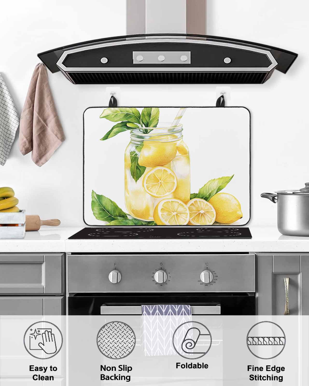 nqOlkjepod Large Induction Cooktop Protector Mat 24"x21", Summer Lemon Stove Top Covers for Electric Stove, Yellow Fruits Green Leaf Watercolor Stove Burner Cover Mats, Glass Top Stove Cover