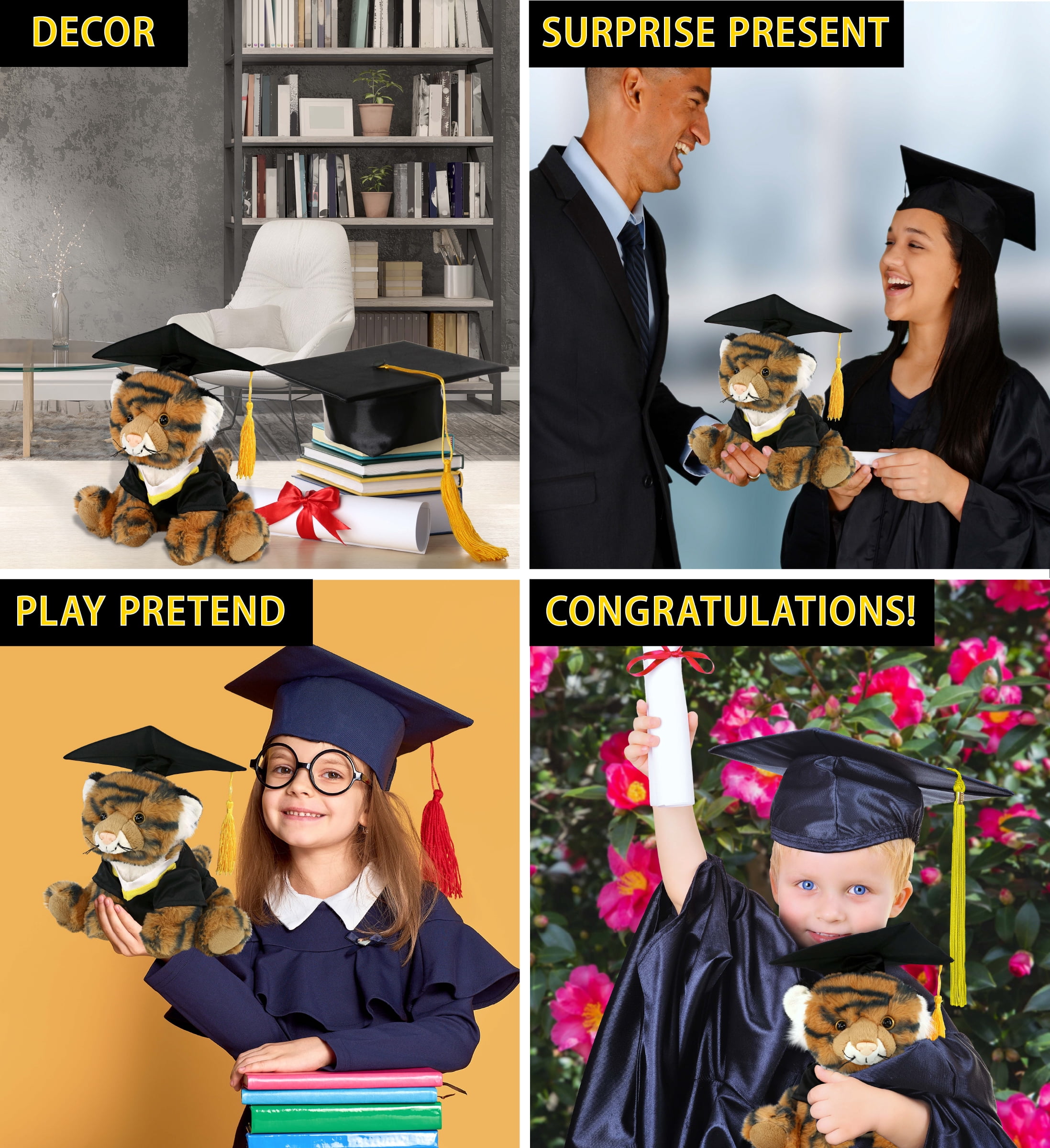 DolliBu Squat Tiger Graduation Plush Toy - Soft Tiger Plush Graduation Stuffed Animal Dress Up with Gown & Cap with Tassel Outfit - Congratulatory Graduation Gift - 8 Inches
