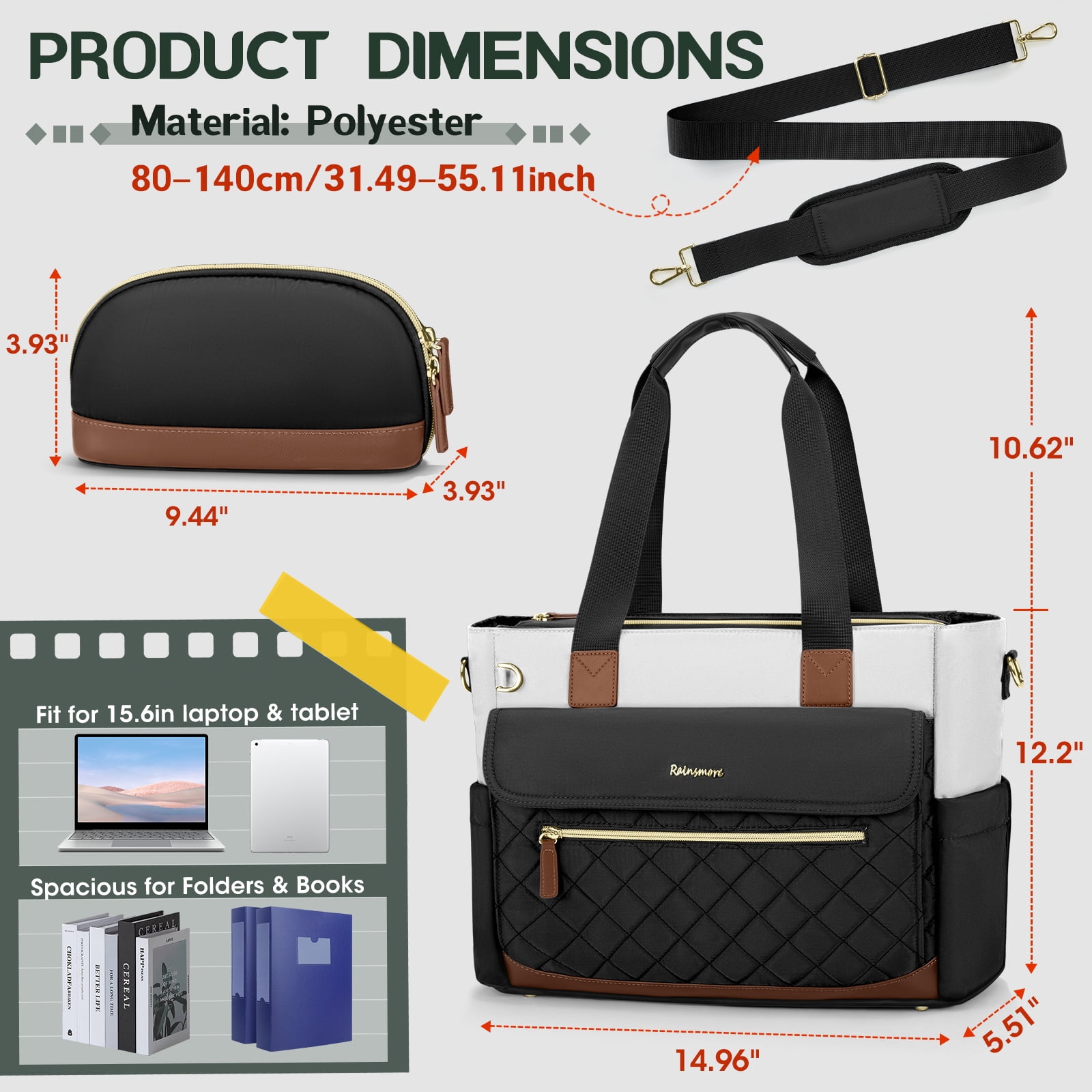 RAINSMORE Teacher Tote Bag 15.6 inch Laptop Bag for Women with Small Bag Professional Work Tote Bags Nurse Bag Computer Briefcase,Black/White/Brown