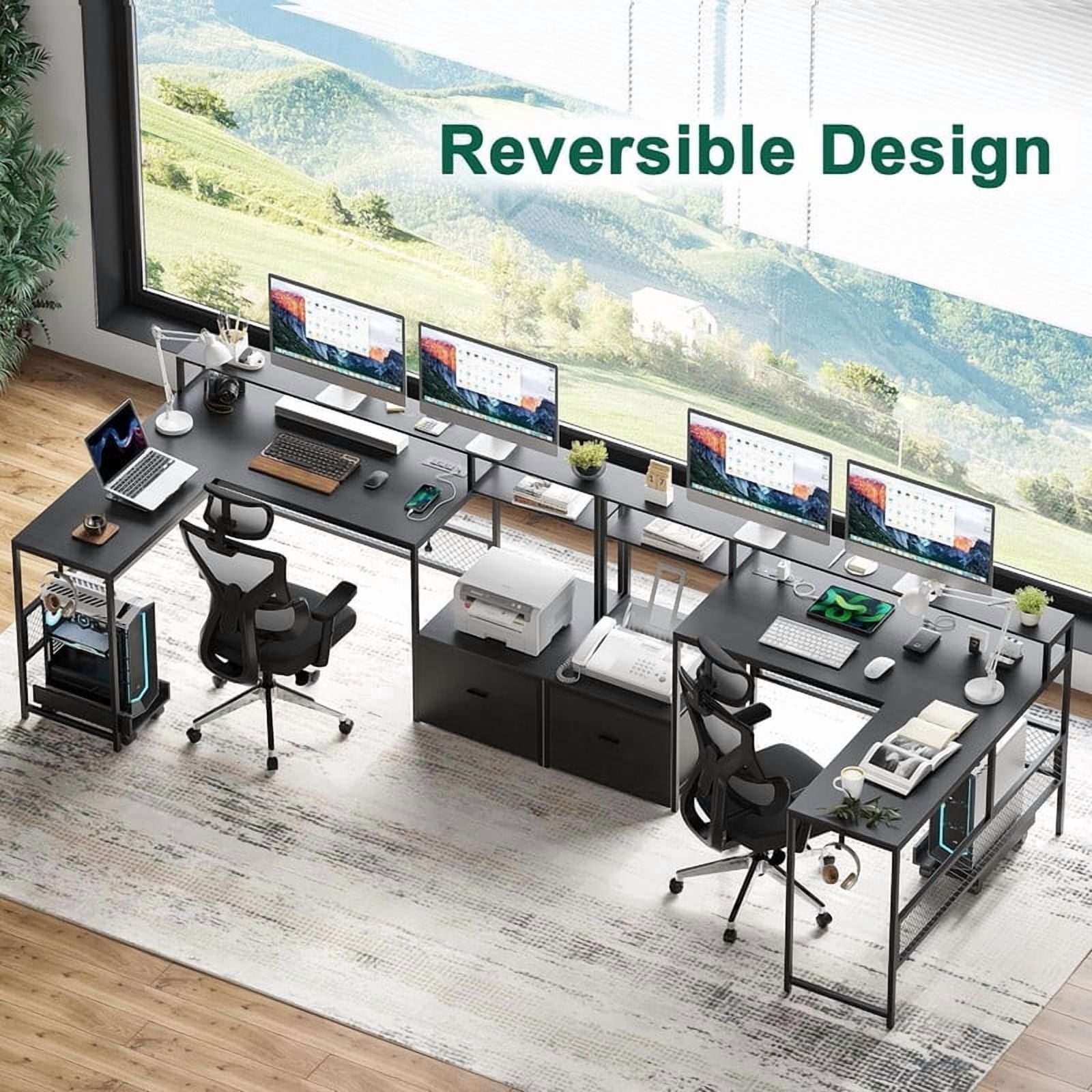 Someet L-Shaped Office Desk with Power Outlets and Lockers, Modern Simple Style 66" Computer Desk with Monitor Stand, Black