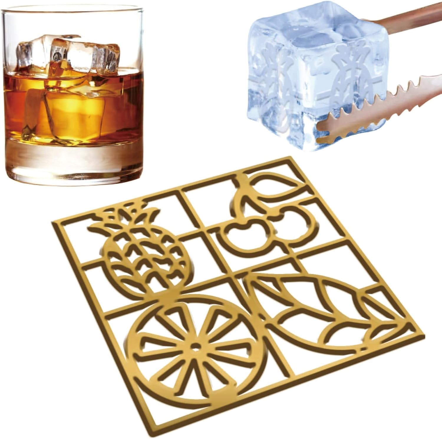 4 Style Pattern Ice Cubes Stamp Tray Craft No Base Ice Molding for Bourbon Cocktails in 5 Second Whiskey Molding Clear Ice Block Stamp Cocktail Bartender Accessories Fire Curve Texture