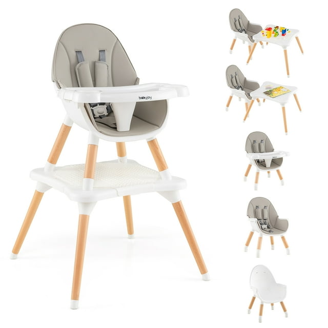 Adjustable Baby High Chair, Convertible Baby Dining Chair w/Cushioned Seat, 5-Point Seat Belt, 4-Stage Adjustable Detachable Tray, Suitable for 6-36 Months Baby, Gray