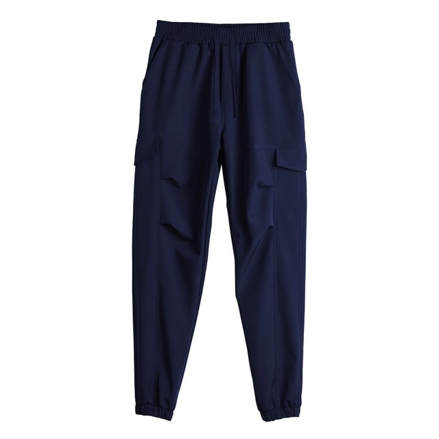 Ceisia Men Solid Color Fleece Multi Pocket Work Pants Loose Drawstring Gift Elastic Cuff Trousers