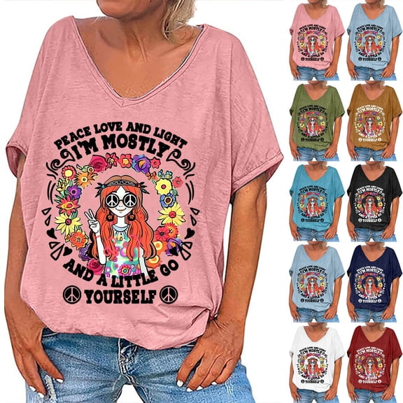 YHAJDS Womens Oversized T Shirts Short Sleeve V Neck Retro Style Casual Print Blouse