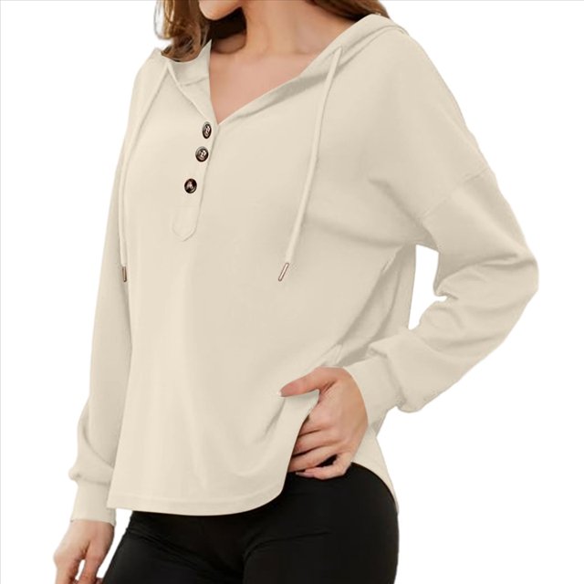 Sudadera con Capucha para Mujer, Cuello Abotonado, Cordón Ajustable, Sudadera Informal de Larga, Camisetas. Albaricoque L