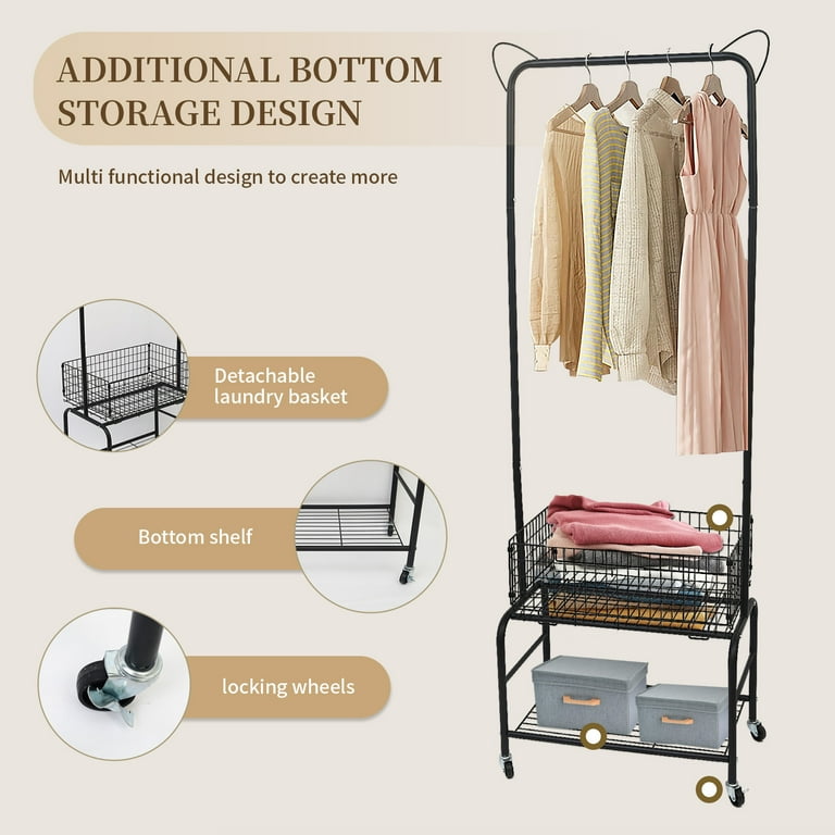 Laundry Cart with Clothes Rack Rolling Laundry Butler with Hanging Garment Rack Metal Laundry Basket with Basket Load and Shelf Load Black Walmart