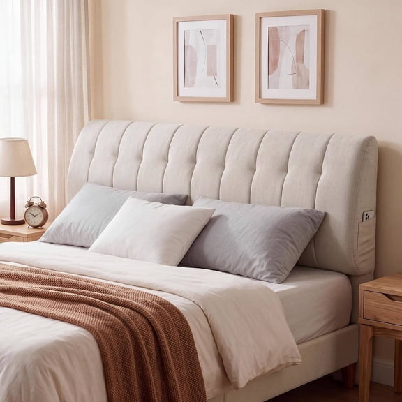 King Size Upholstered Headboard, 24" Height, Soft Breathable Linen Fabric, Wall-Mounted or Bed Frame Mount, No Assembly, Peel-and-Stick, Beige