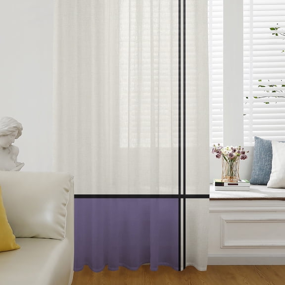 Farmhouse Purple,Semi Sheer Curtains Drapes for Living Room,Bedroom,French Doors Window 84 Inches Long,Modern Abstract Geometric Stripes Art Rod Pocket Chiffon Curtain Drapery Voile Draperies Panel