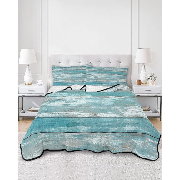 Twin Quilt Bedding Set Farm Wood Board Teal Gradient Summer Quilt Lightweight Quilted Coverlet with 2 Pillow Shams, Minimalist Style 3-Piece Bedspread Quilt Set for All Season