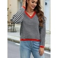 thumbnail image 6 of Women'S Long Sleeve Striped Sweater V Neck Color Block Soft Knit Pullover Trendy Jumper Tops Black & White L, 6 of 8