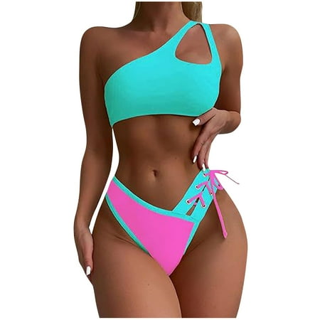 UTSJKR Women s Bikini Sets Cheeky Cutout One Shoulder High Waisted Two Piece Swimsuit Lace Up High Cut Bathing Suit Hot Pink M