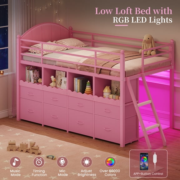 Low Loft Bed Twin Size with 8 Storage Drawers, Bookcase and LED Lights, Metal Loft Twin Bed Frame with Upholstered Headboard, Under-Bed Play Space and 13.8''H Safety Guardrail, Pink