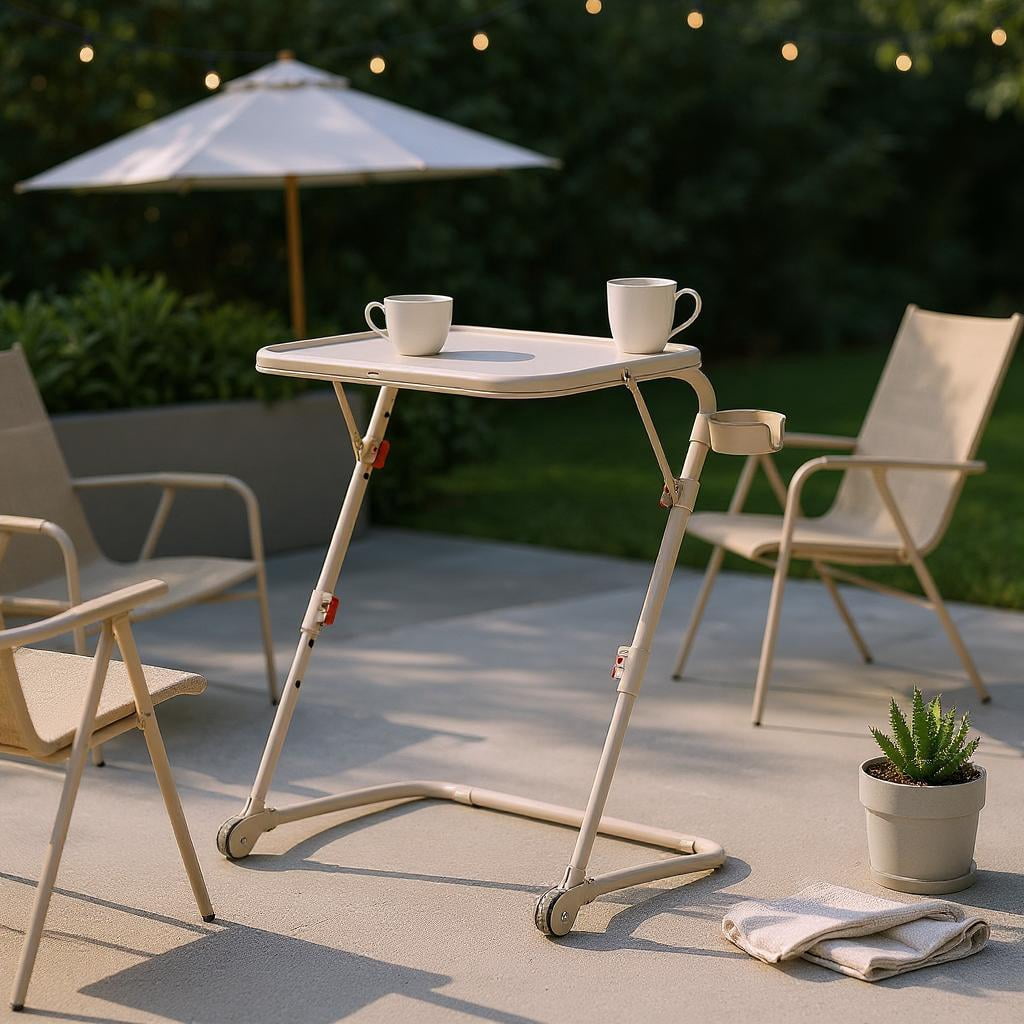 Homy Casa Folding TV Tray Table with Cup Holder, Adjustable Snack Table for Bed, Sofa, Couch, Beige