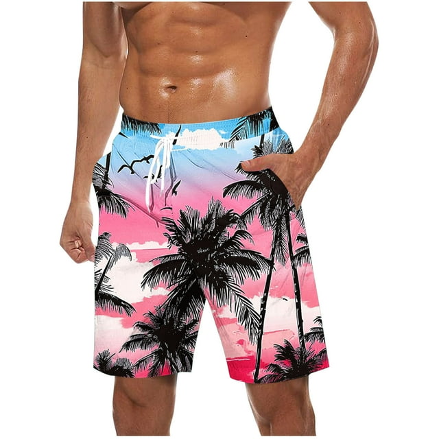 Mens Pantalones Cortos Cintura Elástica con Bolsillos Pantalones Cortos de Impresión de la Moda Casual, Pantalones de Playa de Cintura Elástica con Bolsillos, Poliéster