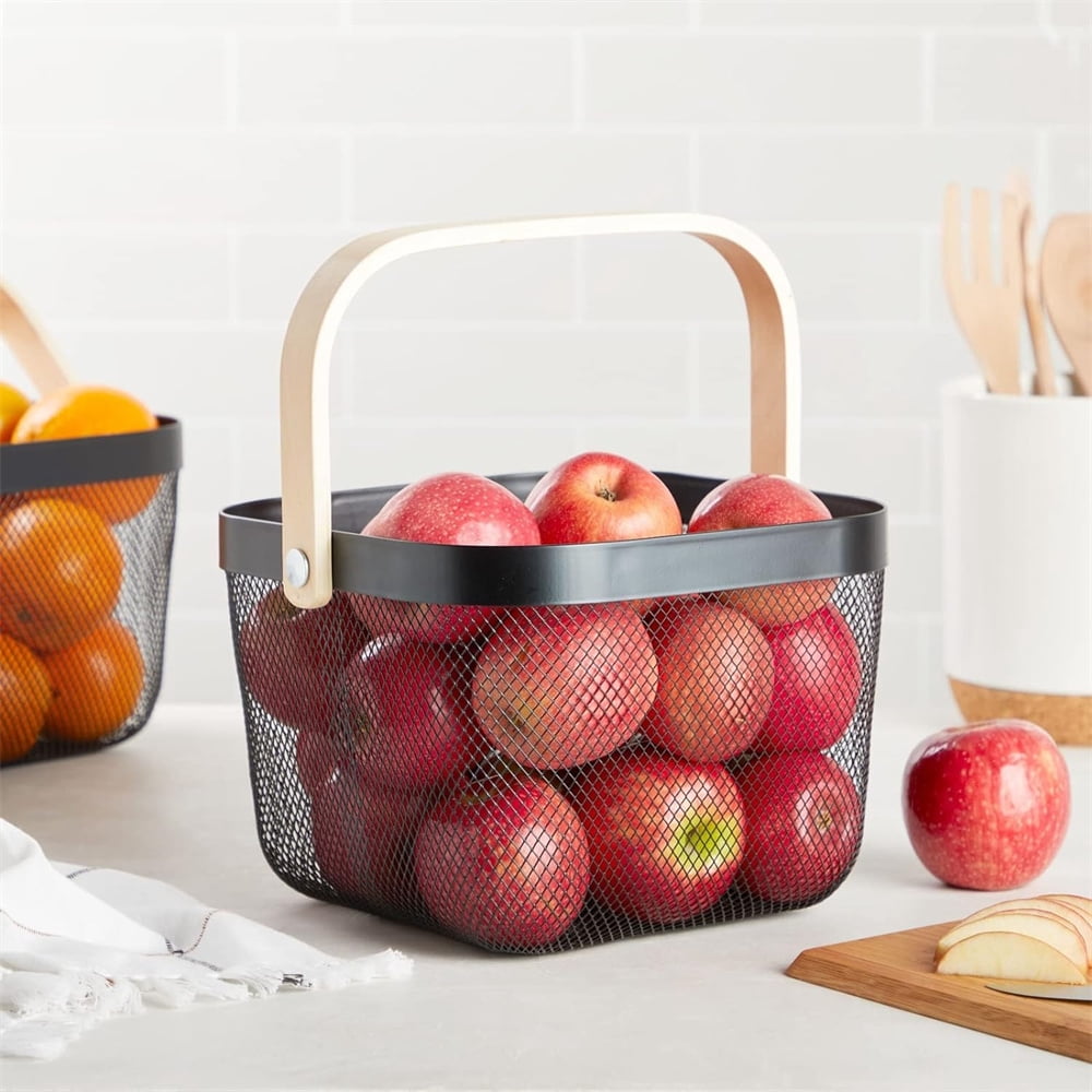 NOGIS Metal Mesh Steel Basket mesh basket with handle，Storage Organizer Basket Fruit Vegetable Basket, Solutions for Kitchen, Garden ,Picnic,Gifts and More (Black)