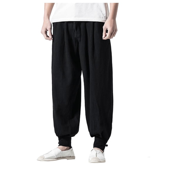 Kureaily Men Drawstring Pants Summer Baggy Boho Yoga Loose Casual Drop Crotch Trouser With Pockets